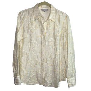 Elliott Lauren Button Down Top Cream Embroidered Vintage Size 8 Linen Blend